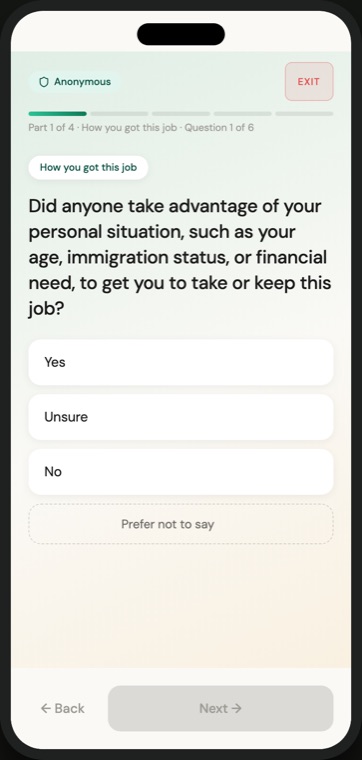 A census question on a worker's phone, asking whether anyone took advantage of their personal situation, with Yes, Unsure, No and Prefer not to say.